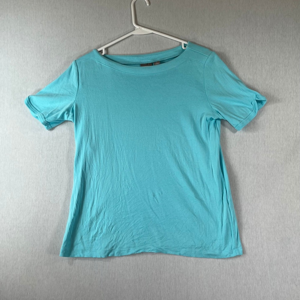 Chicos Top Women Size 1 Turquoise Blue Cotton Boat Neck Short Sleeve Tee Stretch